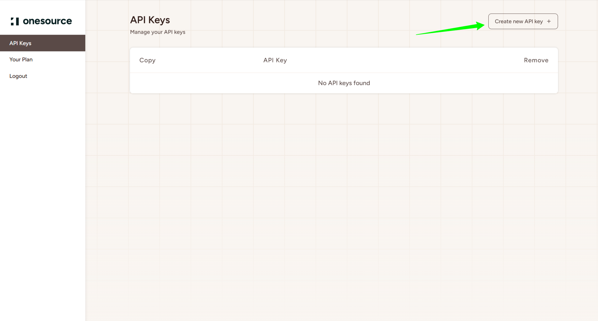 OneSource API Keys Page