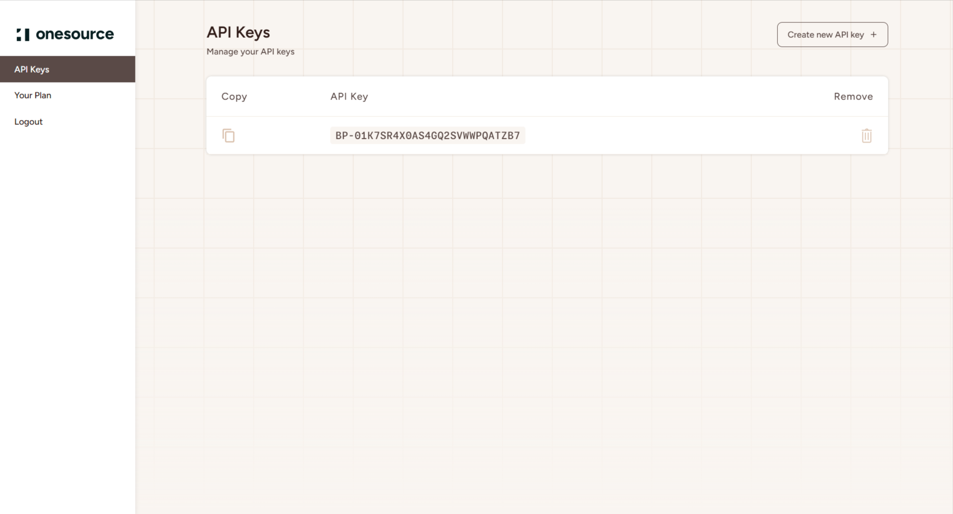 OneSource API Keys Page