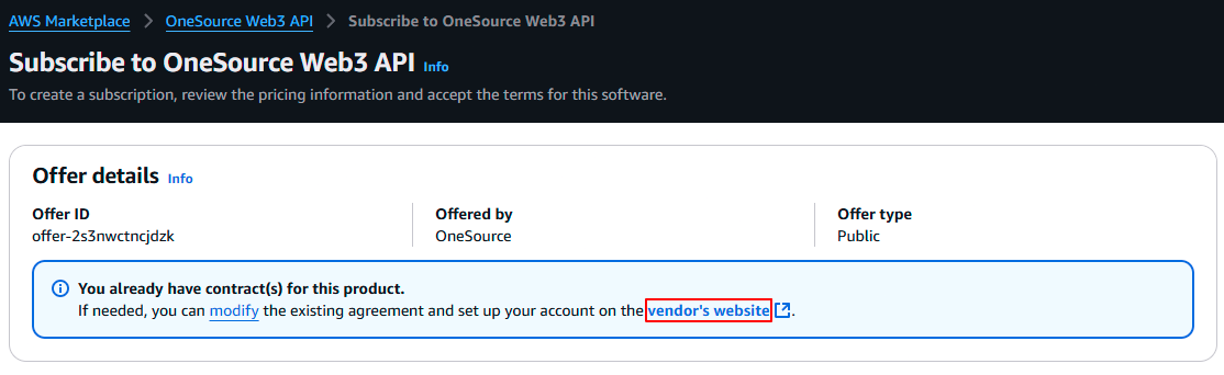 OneSource Web3 API AWS Marketplace Subscription Page