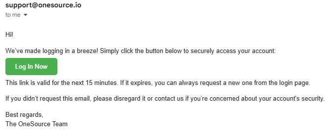 OneSource Confirmation Email