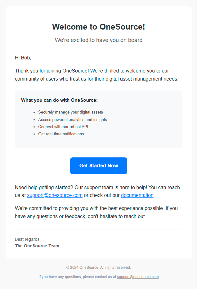 OneSource Welcome Email